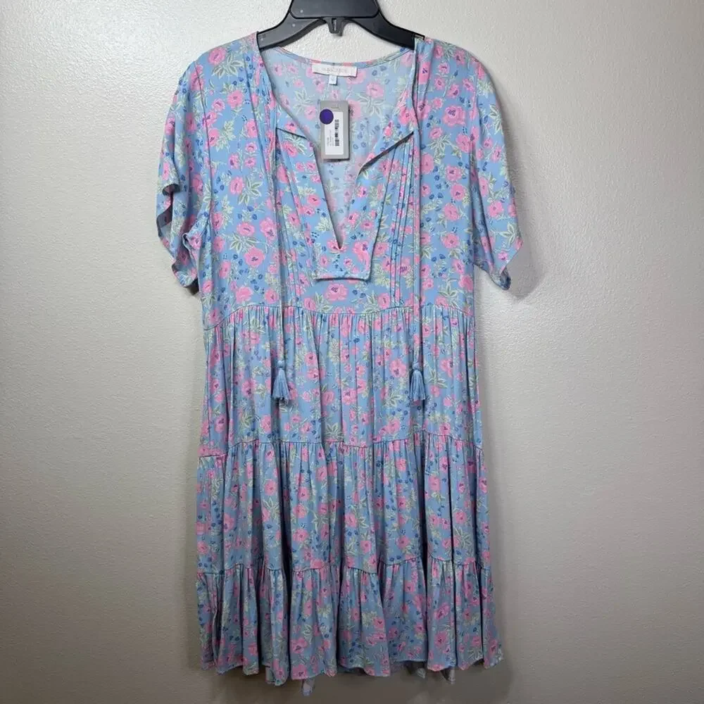 NEW OLIVACEOUS Short Sleeve Floral Printed Ruffle Boho Dress Women’s Medium - Picture 1 of 5